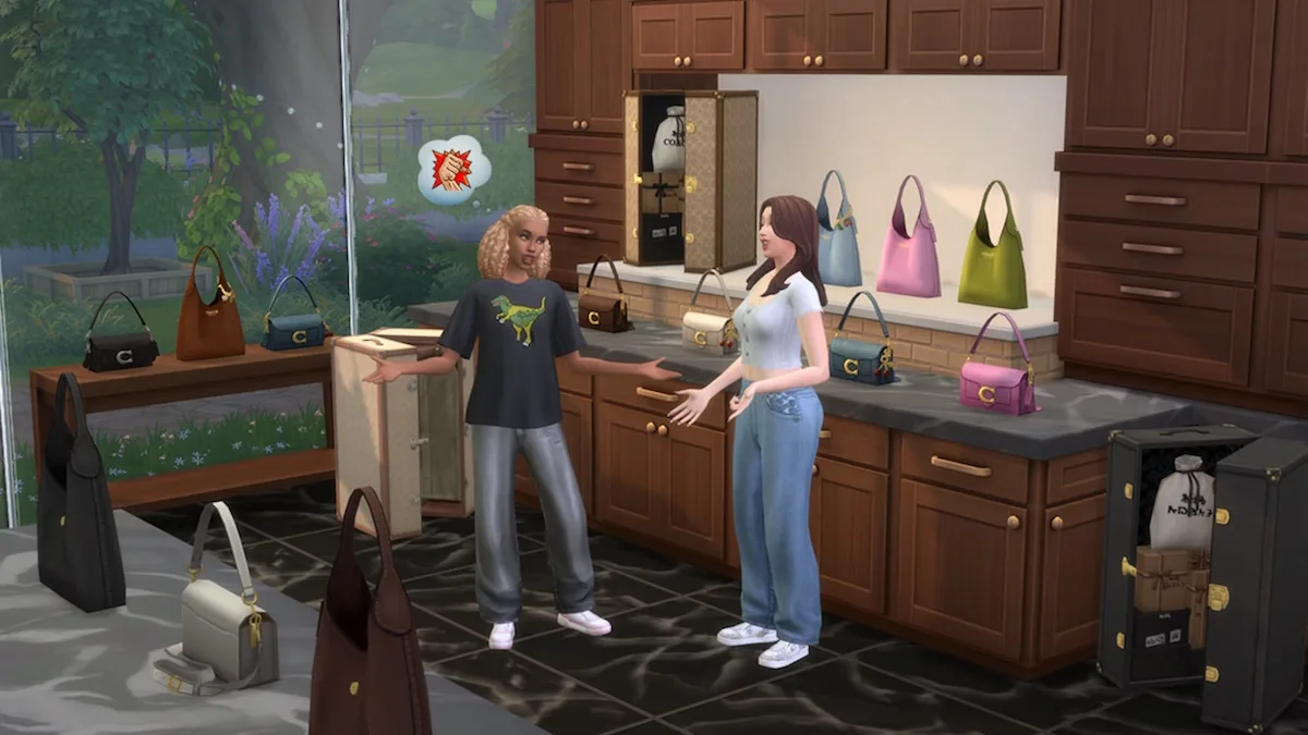 Знімок екрана з гри The Sims 4, на якому зображено двох персонажів у розкішному бутіку. Ліворуч сим у чорній футболці з динозавром (значок Coach Rexy) та мішкуватих штанях спілкується з іншим симом у білому топі та джинсах. На задньому плані видно елегантні дерев'яні шафи та численні сумки Coach, зокрема