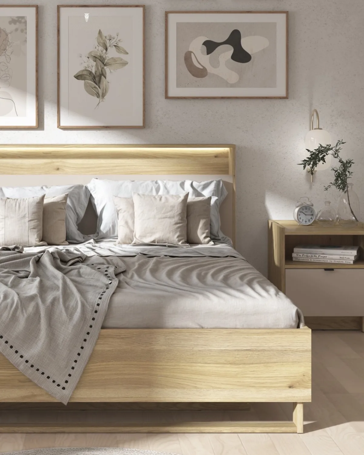 Сучасна спальня з дерев'яним ліжком та мінімалістичними аксесуарами - дизайн інтер'єру в чорно-червоно-білому кольорі