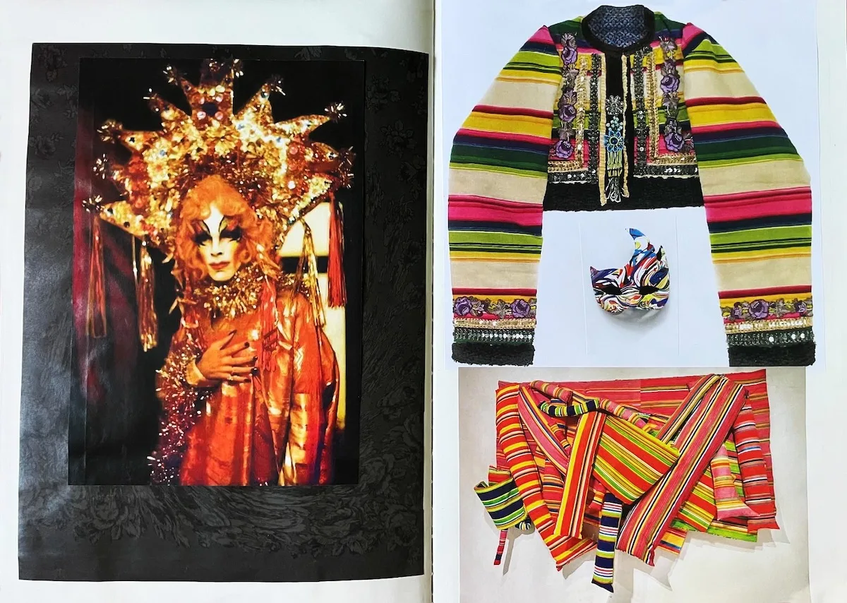 Натхненні матеріали, які Губерт Пельц використовував під час розробки своєї випускної колекції. Народні візерунки, графічні мотиви та архівні фотографії створюють візуальну основу для дизайнів, що поєднують фольклор з клубною естетикою. Це приклад дослідницького процесу, про який дизайнер розповідає в інтерв'ю.