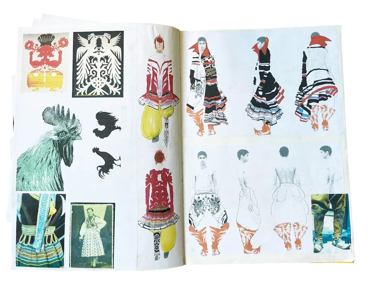 Мудборд та дизайнерські ескізи Губерта Пельца, підготовлені під час роботи над його колекцією дисертацій. Дошки демонструють натхнення з фольклору та народних мотивів, а також силуети проектів, що поєднують традиційні ремесла з екстравагантними формами. Матеріали демонструють мудборд та дизайнерські ескізи Губерта Пельца, підготовлені під час роботи над його колекцією дисертацій. Дошки демонструють натхнення з фольклору та народних мотивів, а також силуети проектів, що поєднують традиційні ремесла з екстравагантними формами. Матеріали демонструють творчий процес, описаний в інтерв'ю.