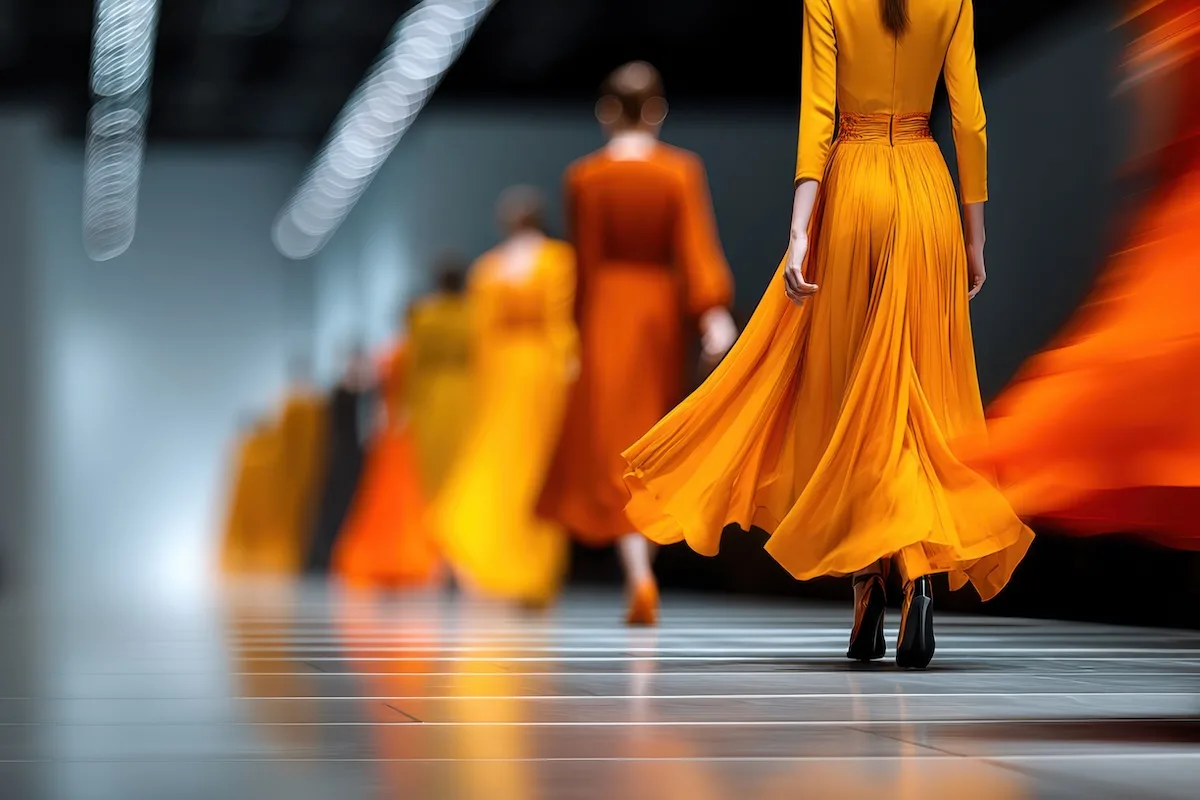 Моделі йдуть подіумом у помаранчевих сукнях.