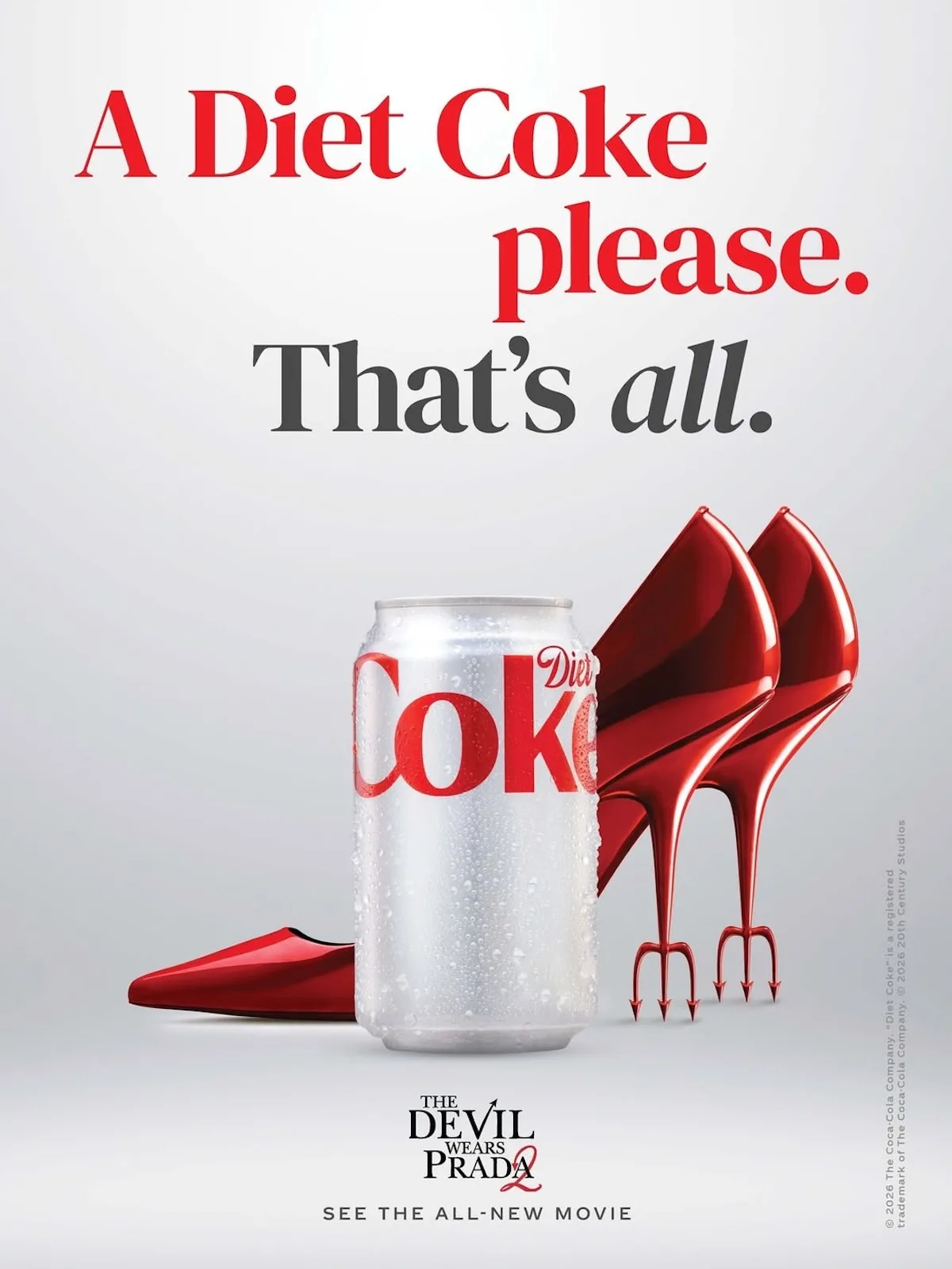 Мінімалістична реклама Diet Coke з характерним слоганом та червоними туфлями на шпильках, що нагадує естетику