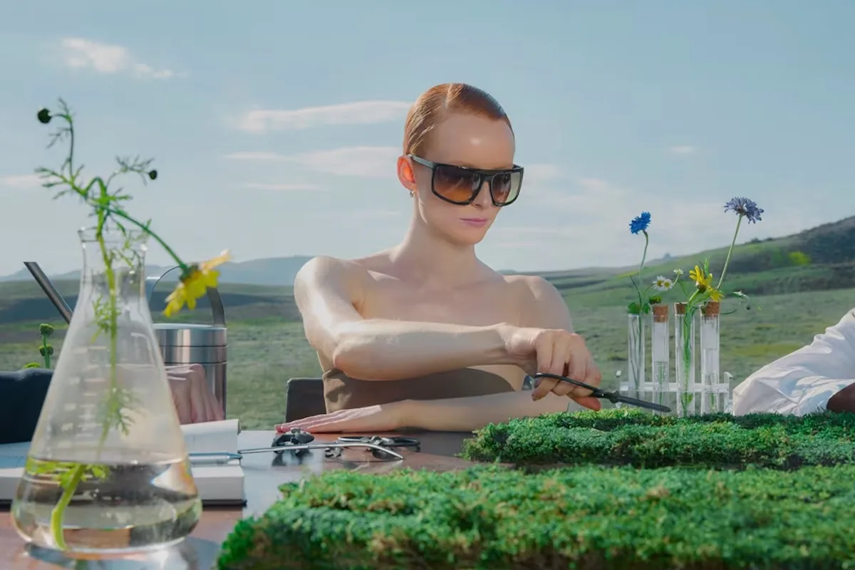 Кампанія Everlane натхненна природою та сталим стилем – модель за лабораторним столом відображає мінімалістичну естетику бренду