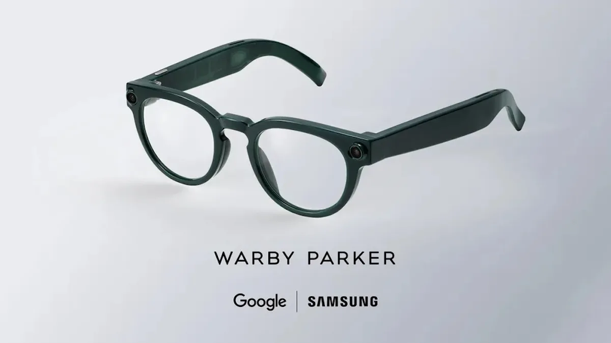 На фото зображено розумні окуляри, розроблені Google та Samsung у партнерстві з Warby Parker. Модель має більш класичний дизайн, ніж футуристичний дизайн Gentle Monster.
