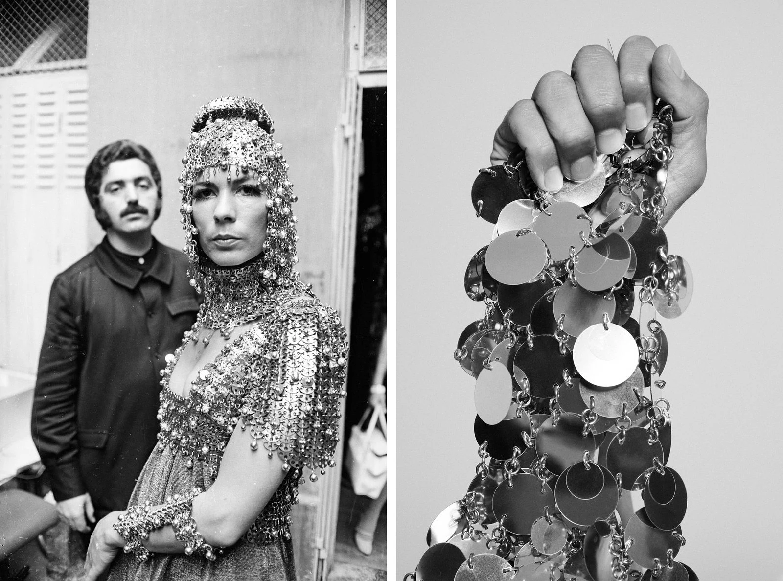 Іспанський модельєр Пако Рабанн з моделлю Ізабель Фельдель, 1967 рік; знаменита кольчуга Rabanne, яку тримає Олів'є Рустен1